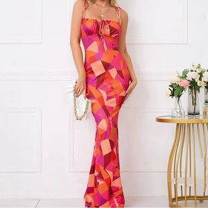 Pink Multicolor All Over Print Tie Shoulder Mermaid Hem Cami Maxi Vintage Dress